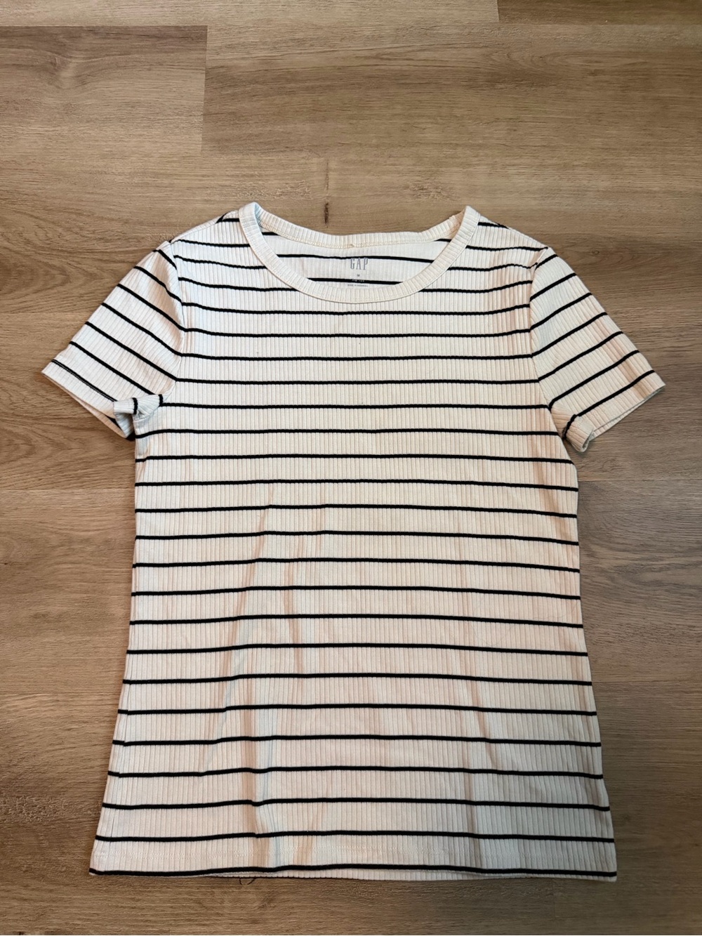 GAP Women's Short Sleeve Ribbed Tee in White and Black Stripe